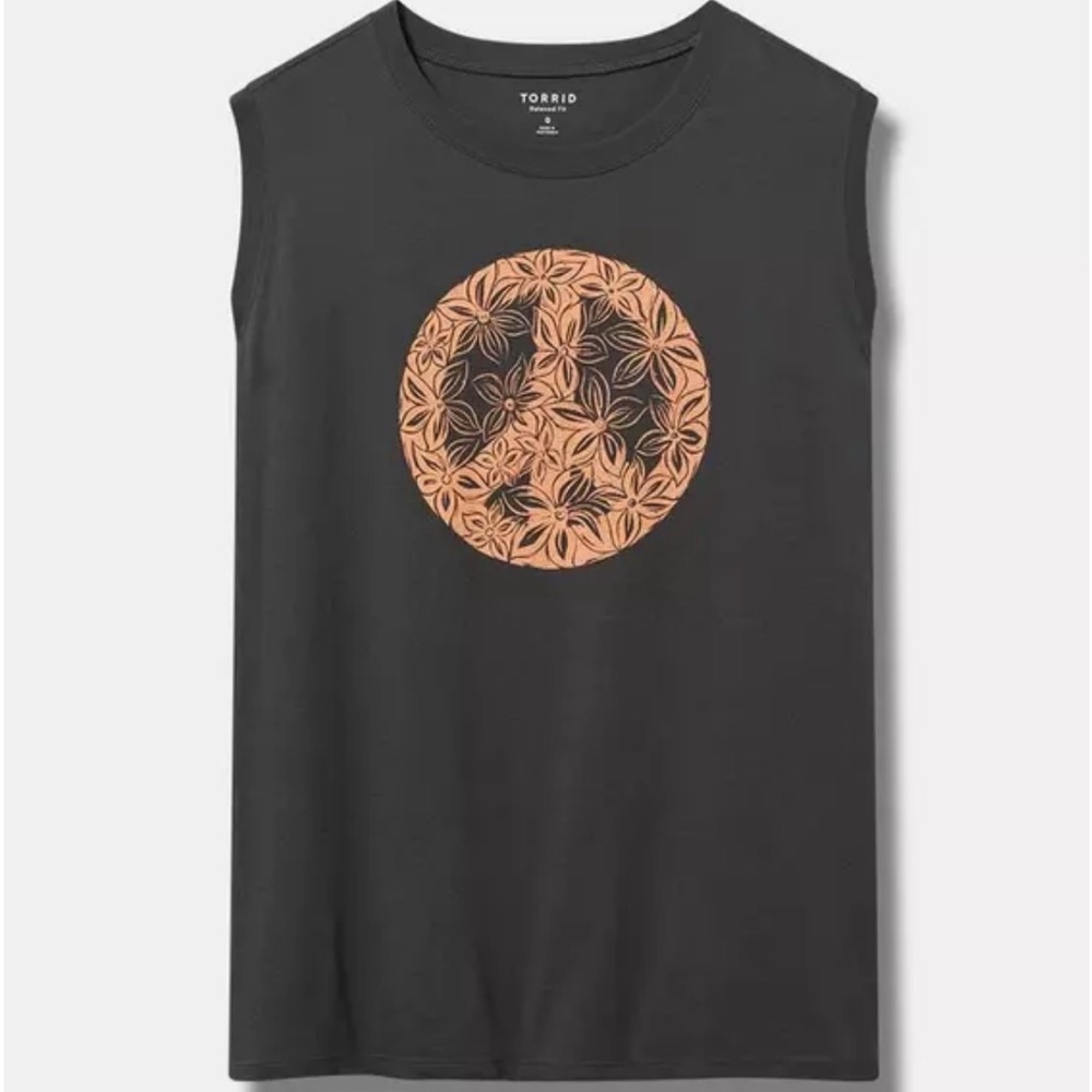 Torrid Black Tank with Orange Floral Peace Sign